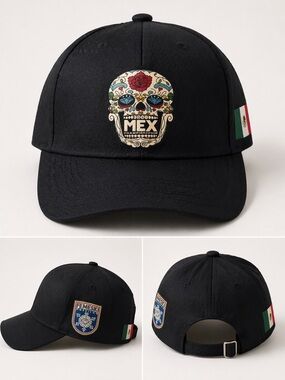 Black Baseball Cap with Colorful Sugar Skull Patch and Mexican Flag